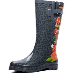 Women's Red Flowers Yellow Waterproof Tall Knee High Rubber landchief Rain Boot